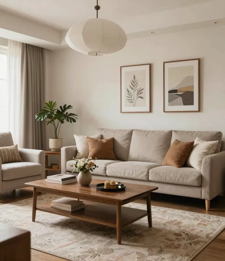 Decoração de sala de estar minimalista com sofá bege, mesa de centro em madeira e quadros decorativo
