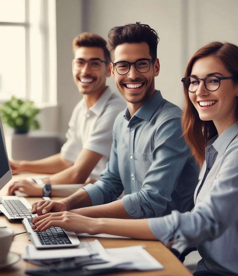 A group of diverse professionals engaged in an interactive online English class