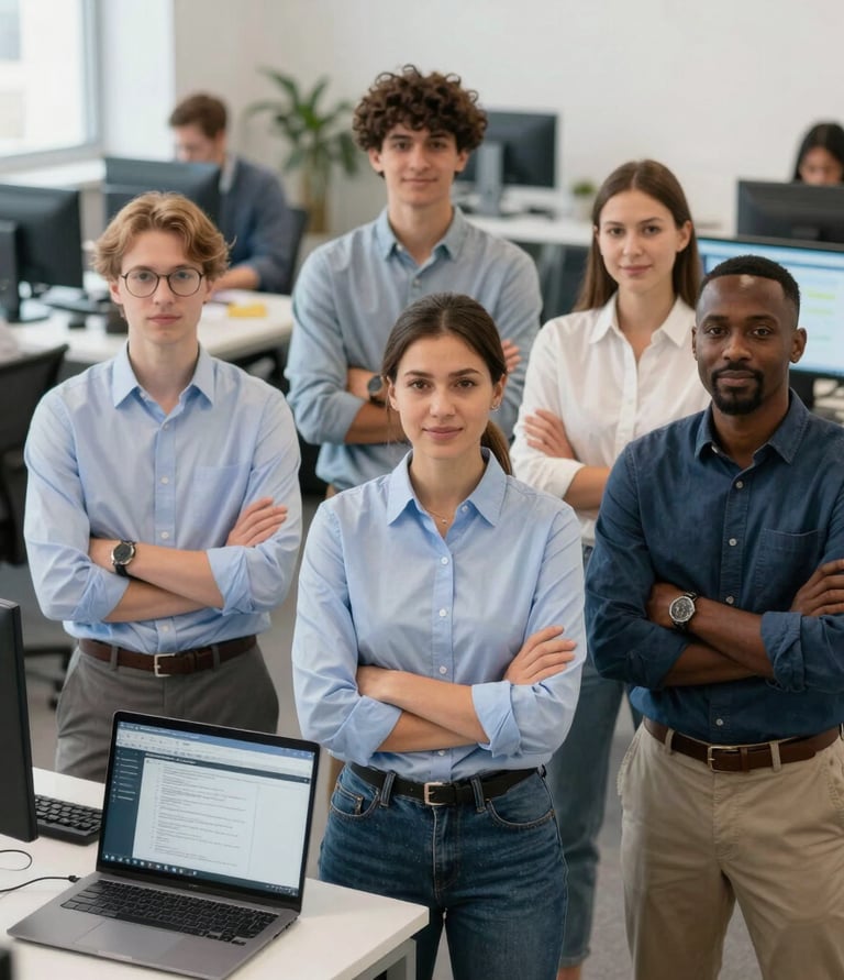 Modern office workspace with a team collaborating over laptops and digital devices.