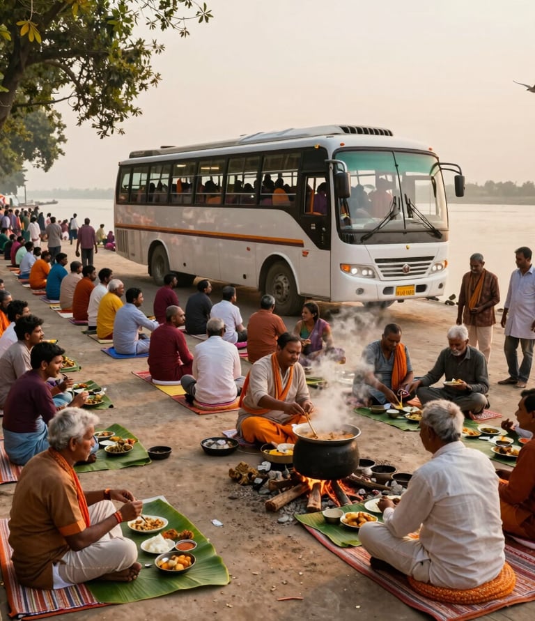 A vibrant bus filled with happy travelers visiting a famous temple in South India during a spiritual tour.