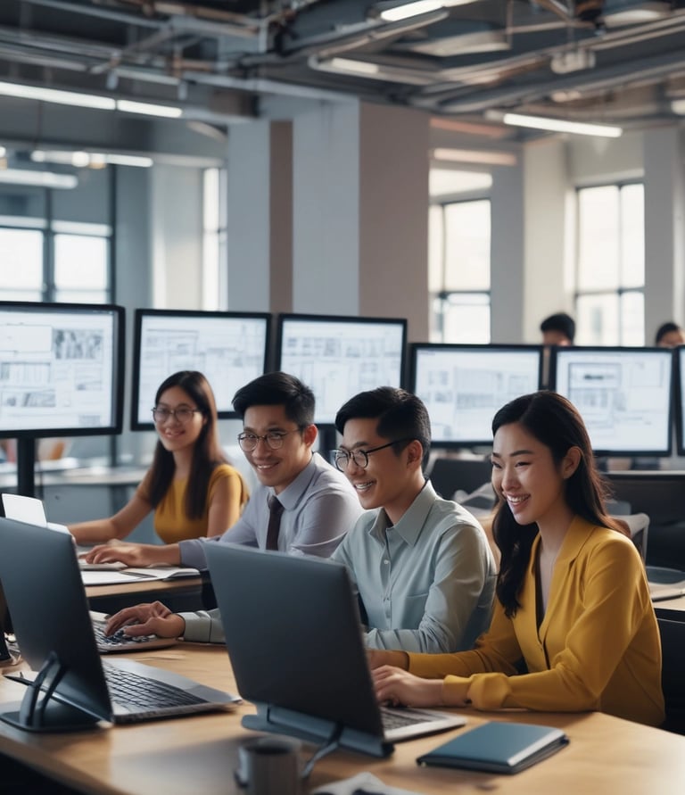 A friendly team brainstorming ideas around a table with laptops and coffee in a bright office.