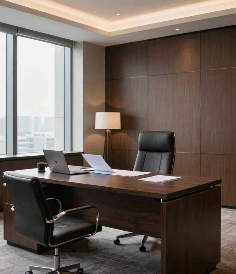 Elegant office space with minimalist design reflecting sophistication and discretion.