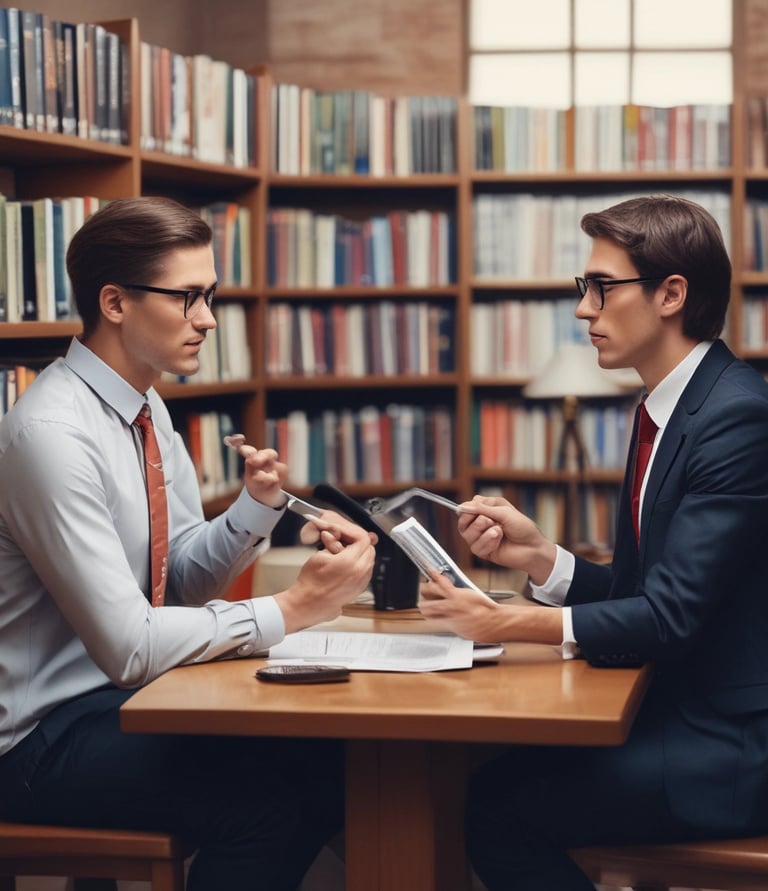 A friendly lawyer consulting with a client in a cozy office setting.