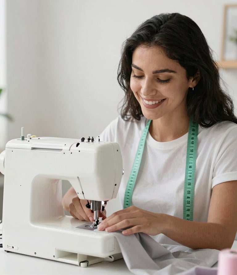 Mujer elaborando ropa para mascotas lomitos y michis