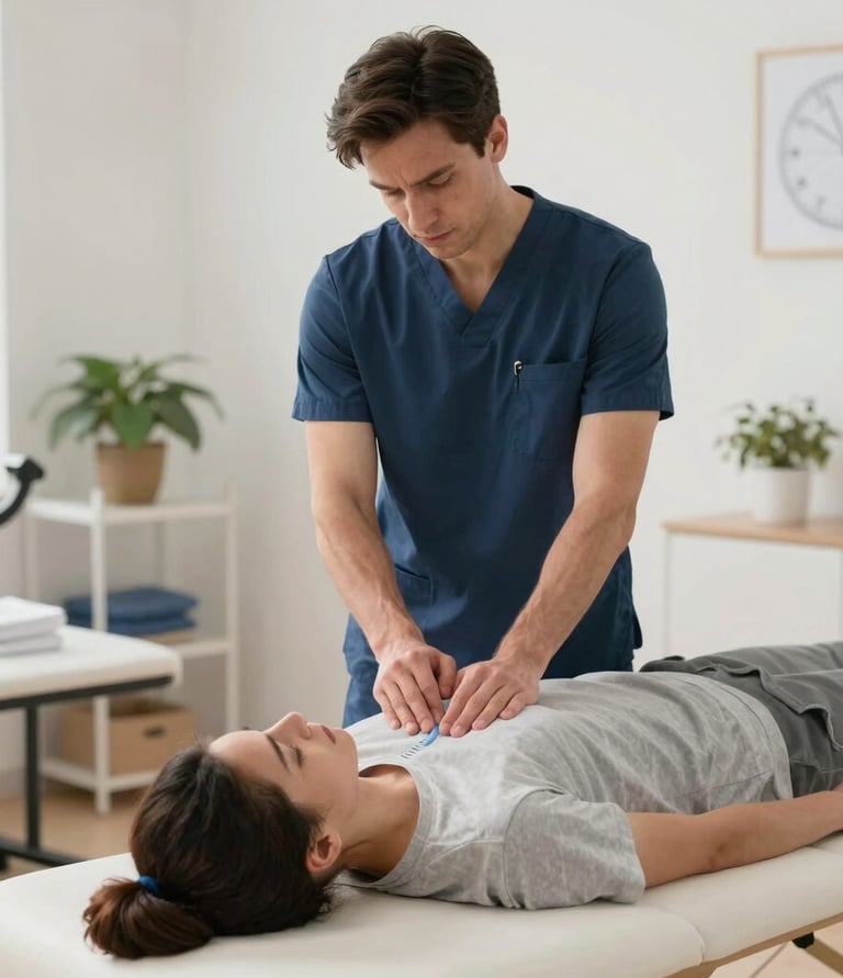 A friendly physical therapist guiding a patient through a gentle stretching exercise in a bright, welcoming clinic room.