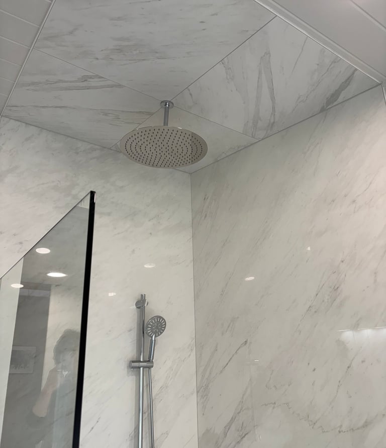 Modern walk-in shower featuring 5' x 10' pocelain slabs and a luxury chrome rain shower head.