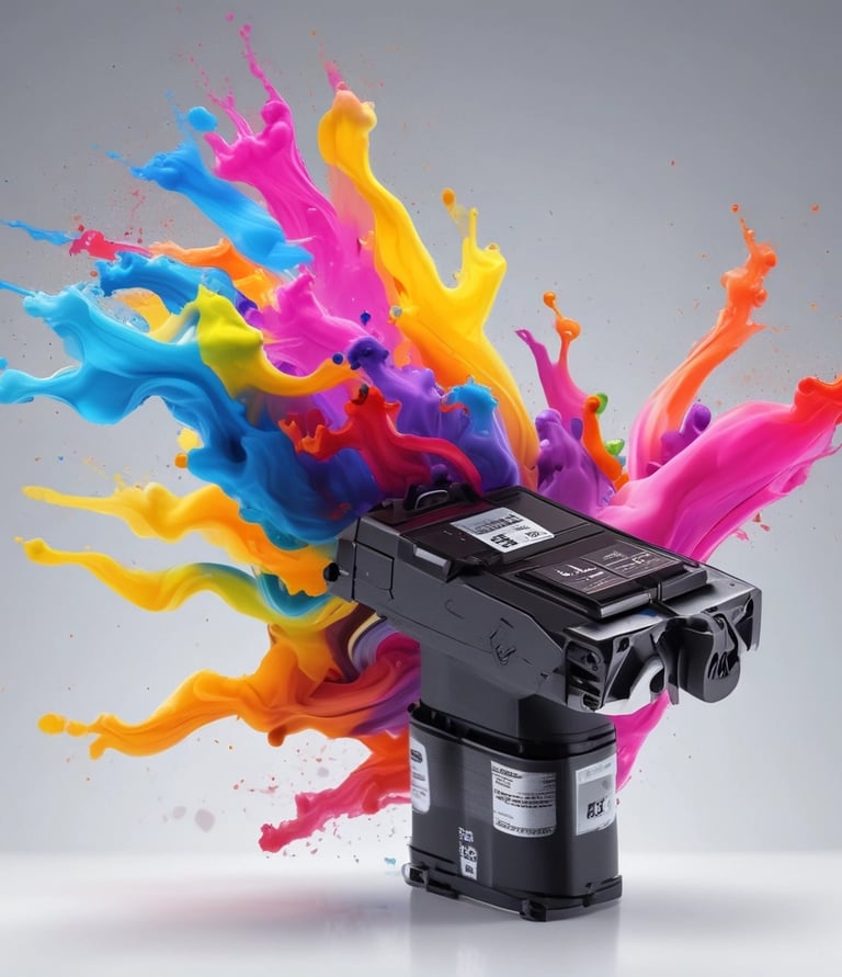 Close-up of a technician carefully repairing a laser printer in a warm, earthy-toned workshop.