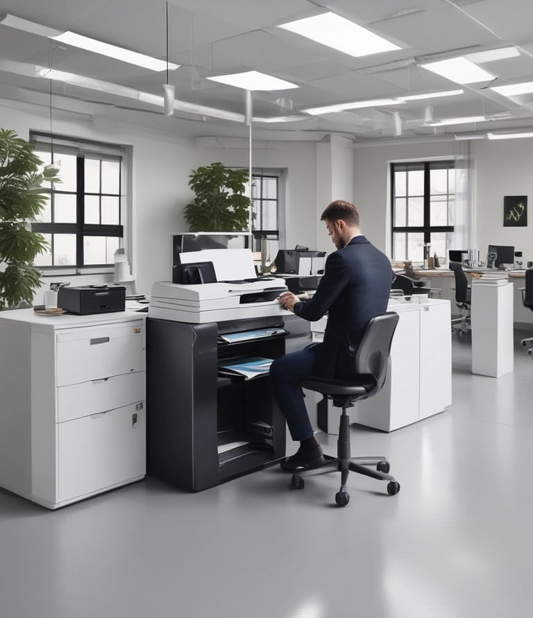 A sleek, modern laser printer set against a backdrop of natural wood and soft green plants.