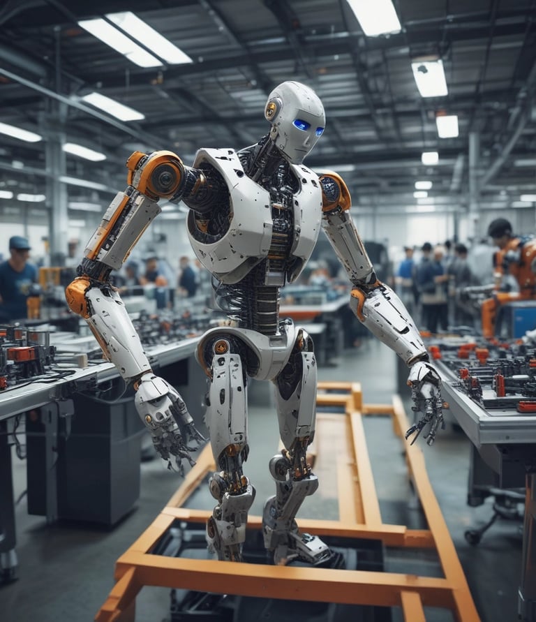 A team of engineers collaborating over industrial machinery blueprints in a modern office.