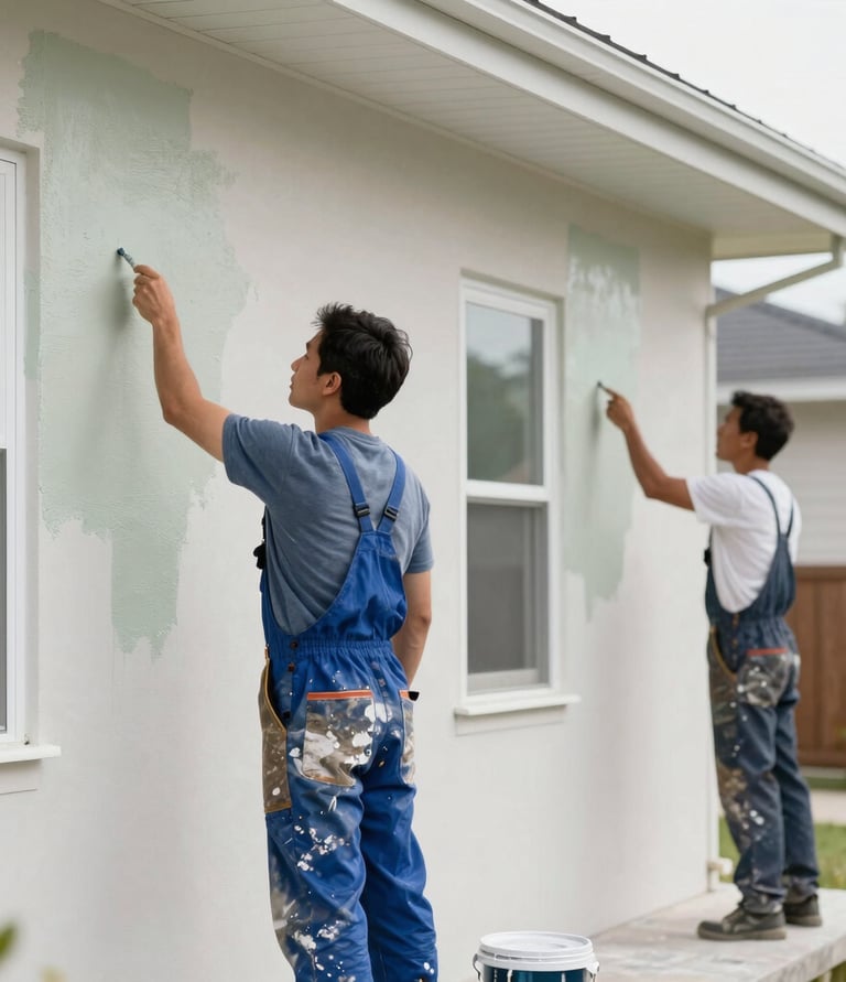 A cheerful painter in overalls happily adding bright colors to a Melbourne home's exterior wall.