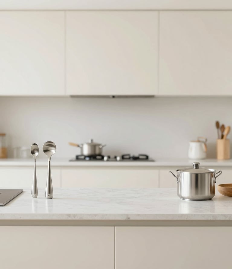 Close-up of a sleek stainless steel cutting board reflecting soft cream and greige tones.