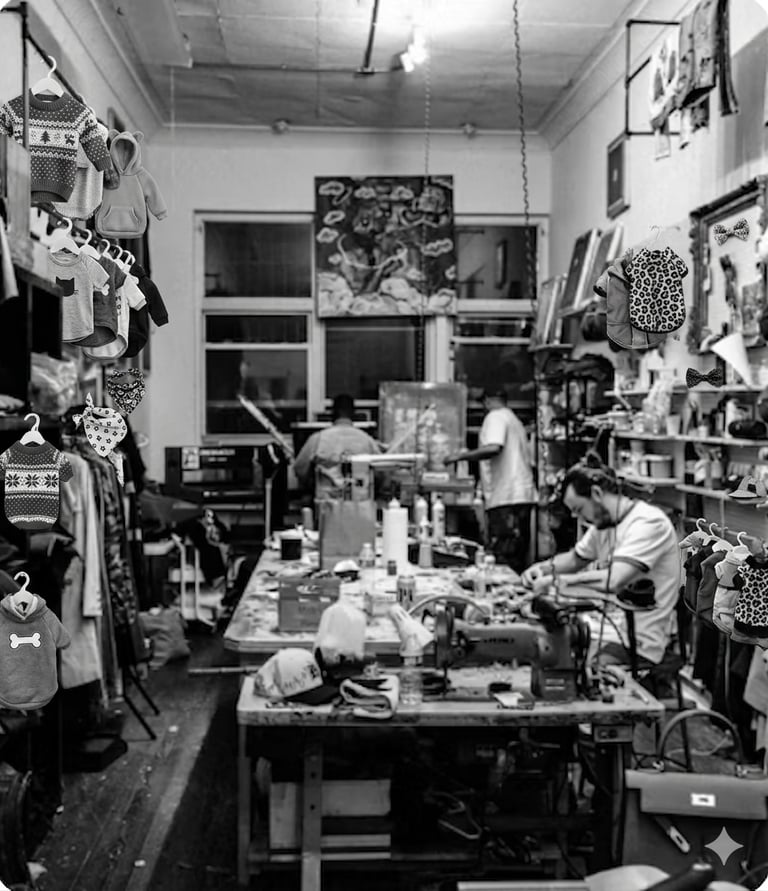 Fotografía en blanco y negro de un taller de confección muy concurrido, con ropa para mascotas.