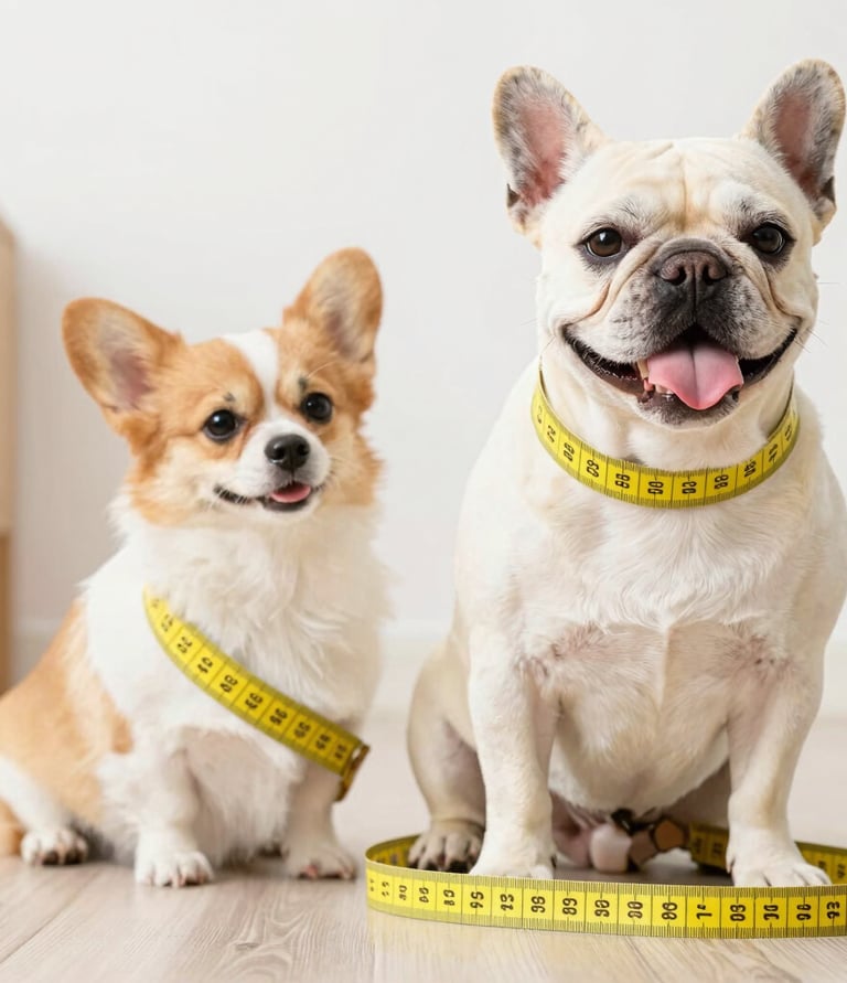 Un bulldog francés y un corgi sentados con cintas métricas amarillas alrededor del cuello.