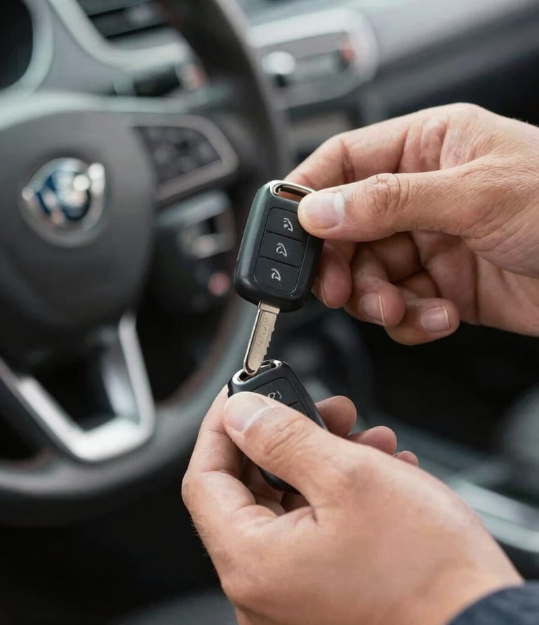 Behind-the-scenes shot of the Clavenexa team carefully programming a new car key in a modern, organized workshop.