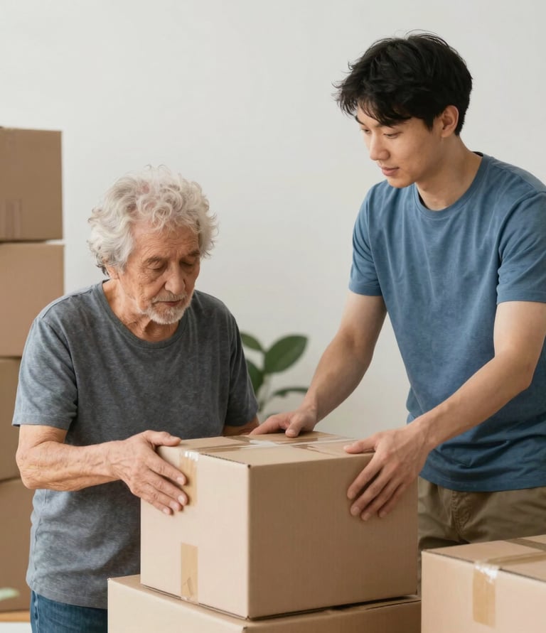 A caring helper gently assisting an elderly woman with organizing her kitchen drawers, bathed in soft natural light.