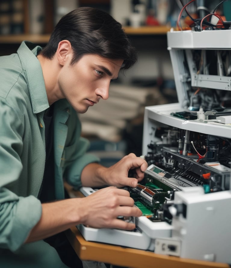 Technician repairing a modern printer at a customer's home in a cozy Bogotá living room.