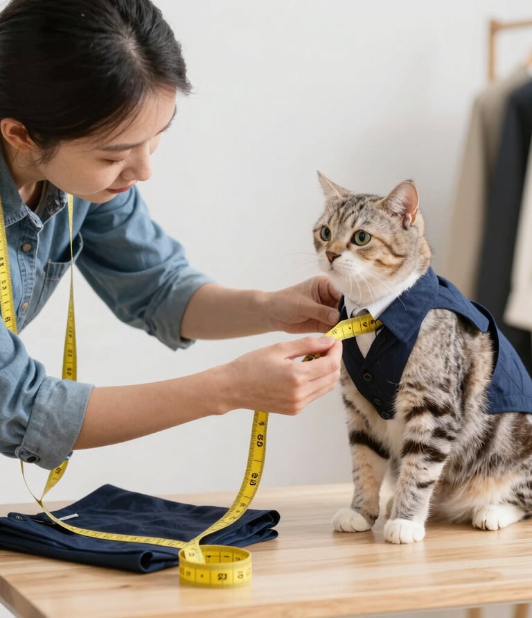 sastre tomado medidas a un gato que quiere un traje