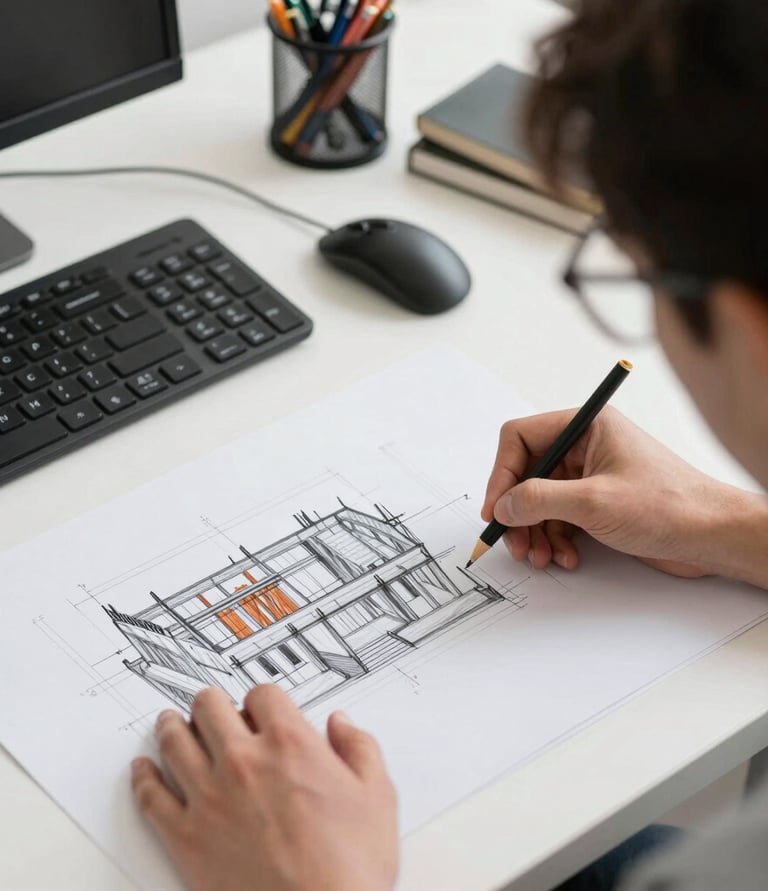 Professional portrait photo of a 3D visualization artist in a modern studio setting