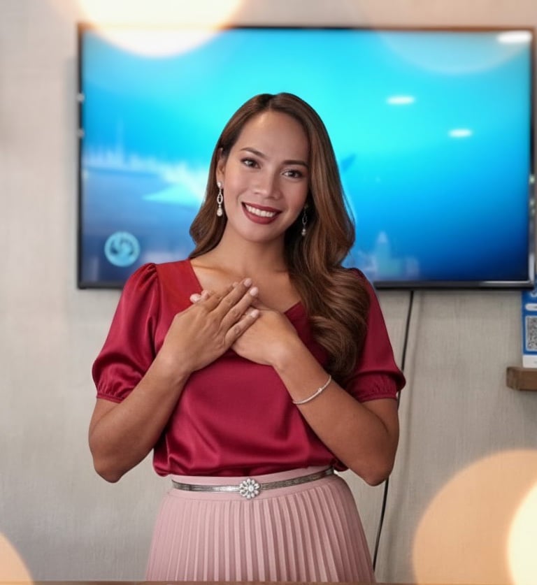 Smiling woman in red silk blouse and pink pleated skirt posing with hands over heart.