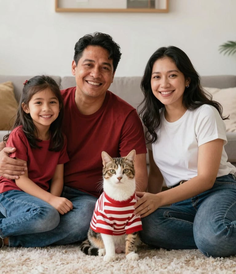Una familia feliz con una hija pequeña y su gato mascota, con una camisa de rayas.
