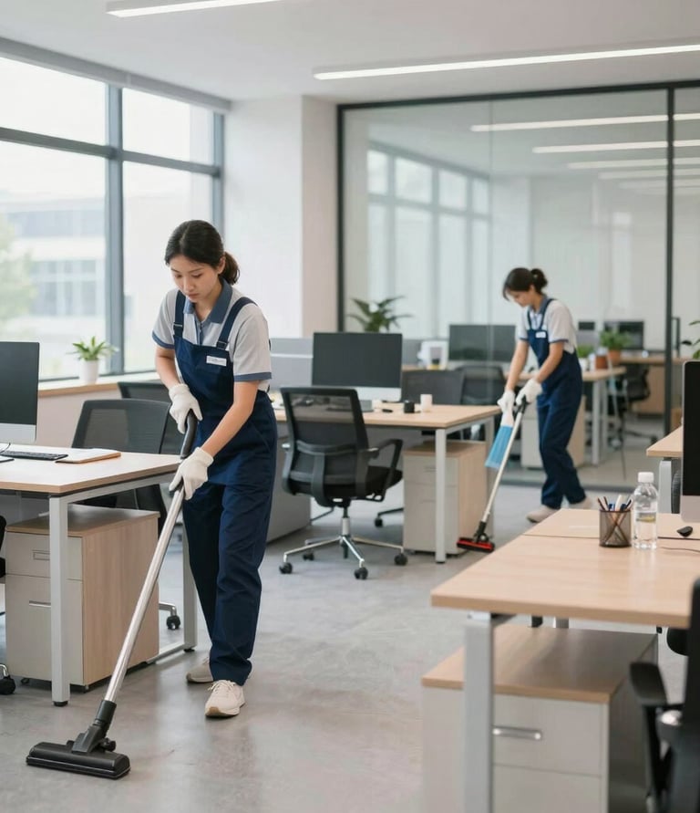 A sparkling clean office space with sunlight streaming through large windows.