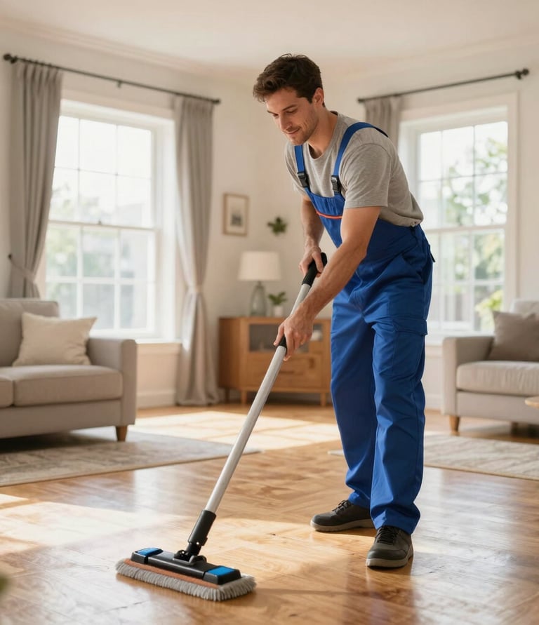 A friendly cleaner carefully wiping a kitchen countertop in a bright, cozy home.