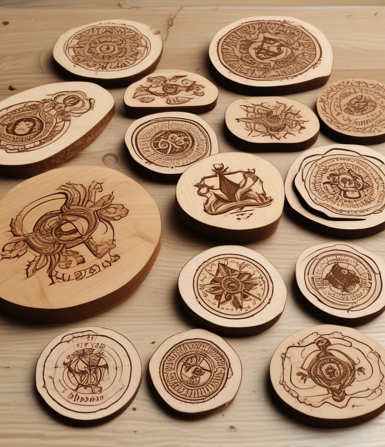 Personalized wooden and metal products displayed on a rustic wooden table.
