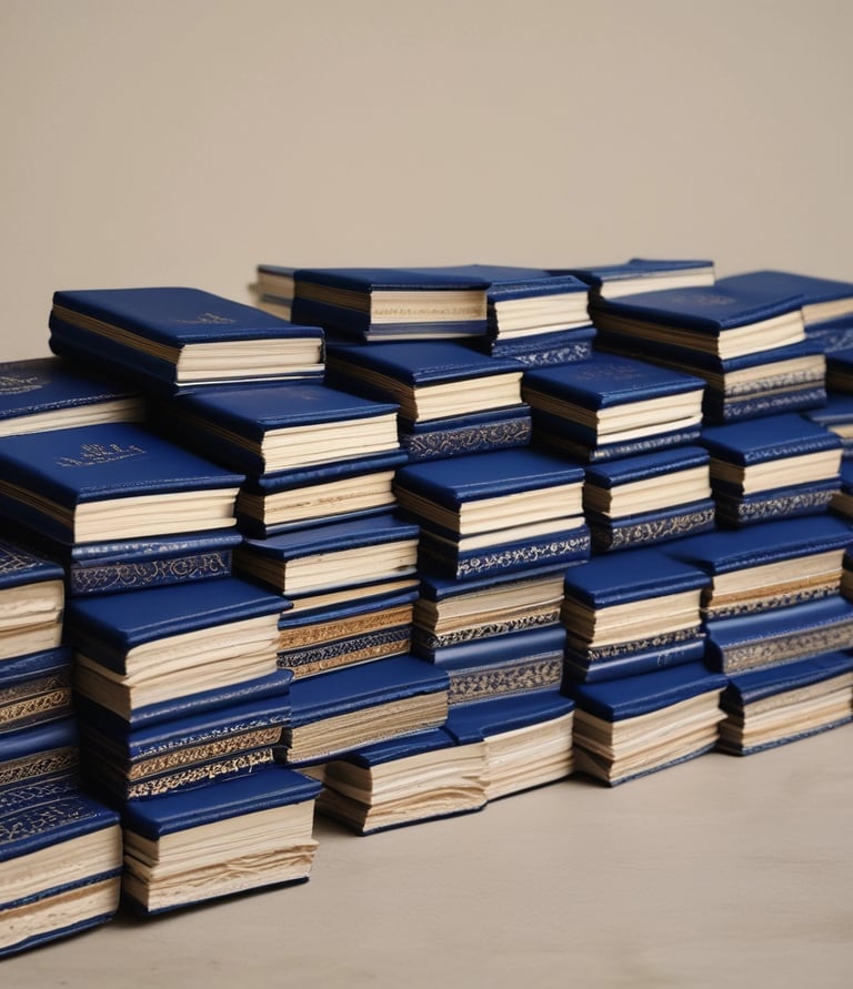 A calm study corner with navy blue and beige decor, featuring an open Quran and notes.