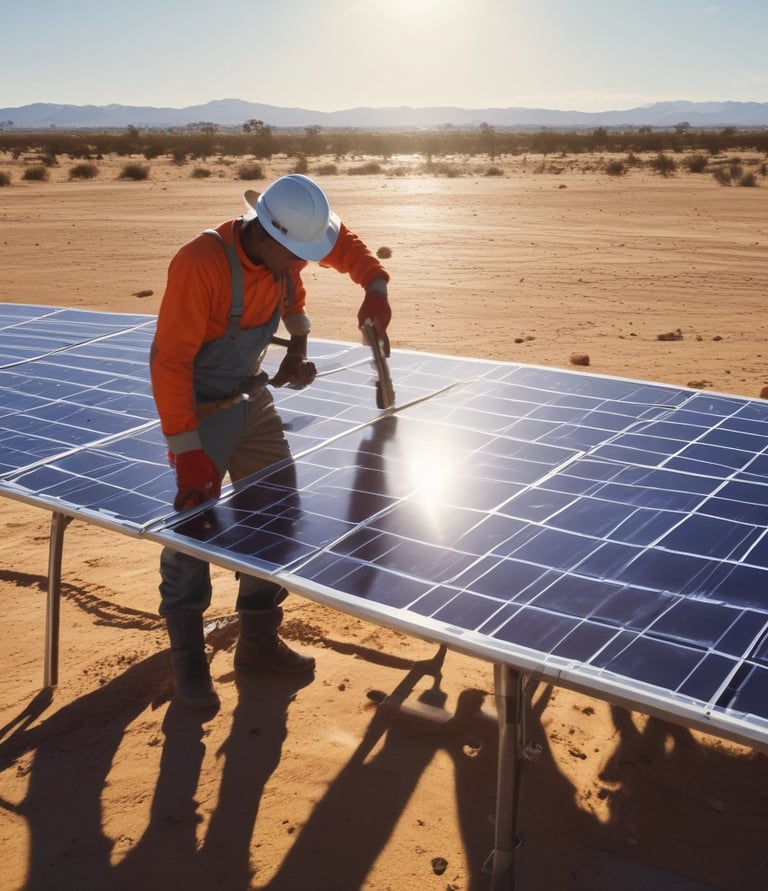 A local team from gem working together to maintain a solar energy system in a dusty environment.