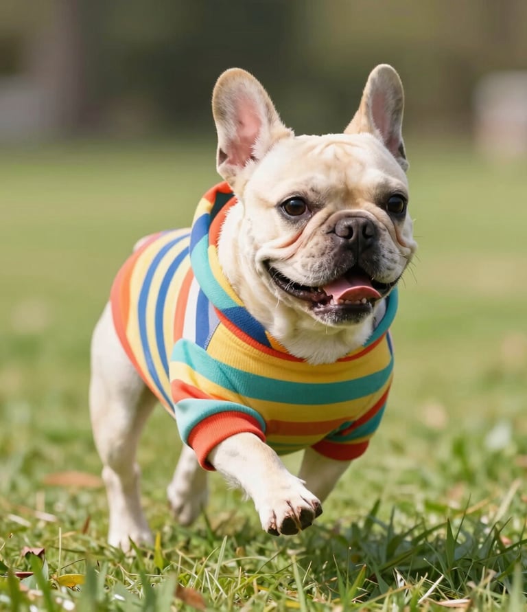 Bulldog francés con camisa de rayas de colores