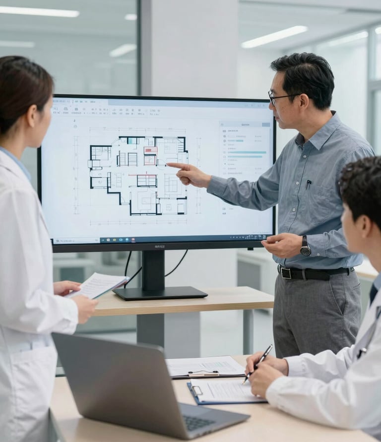 A team of healthcare consultants discussing hospital blueprints in a modern office.