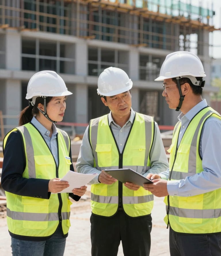A team of healthcare consultants discussing hospital blueprints in a modern office.