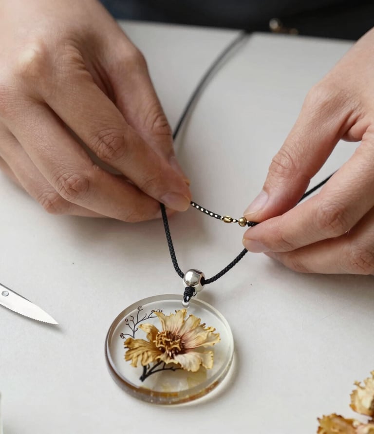 Close-up of a handcrafted resin jewelry piece sparkling under soft light