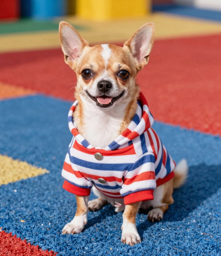 Un chihuahua sonriente de pelo corto con una sudadera a rayas rojas, blancas y azules .