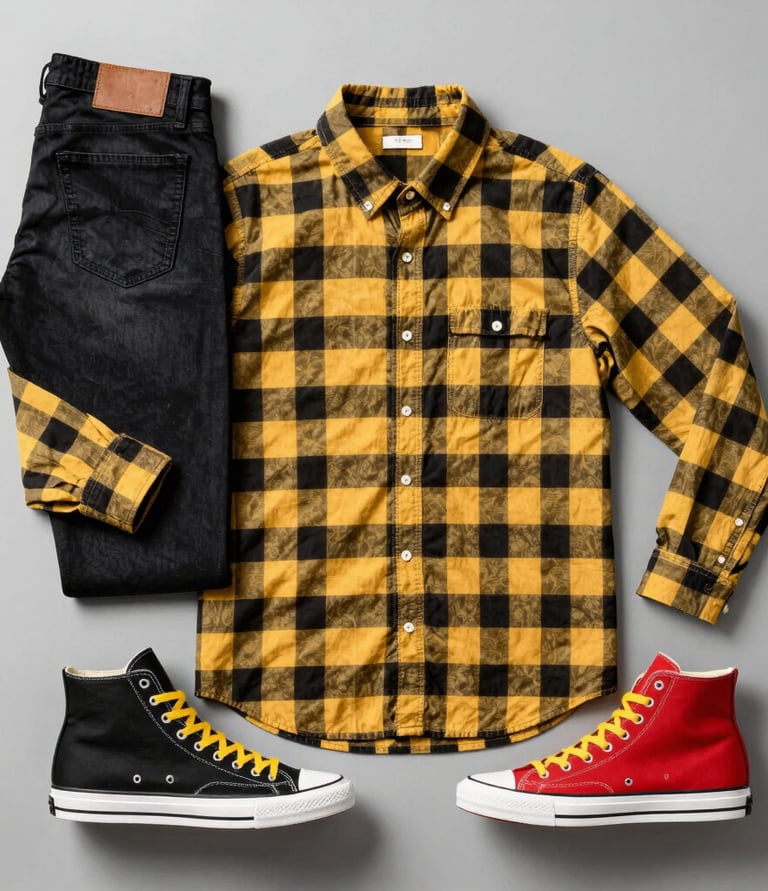 An overhead view of a laid-back outfit flat lay featuring sneakers, denim, and accessories.