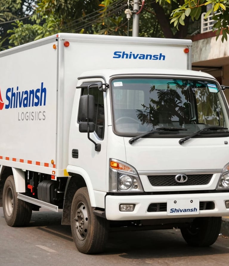 A fleet of modern trucks lined up outside a large warehouse facility under a clear sky.