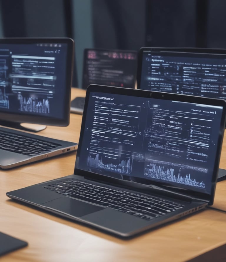 A diverse team collaborating over laptops in a modern office with deep navy and action blue accents.