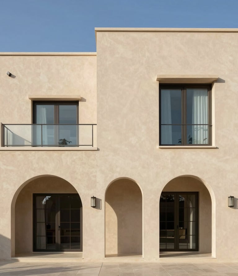 Modern architectural blueprint with orange highlights on a minimalist desk.