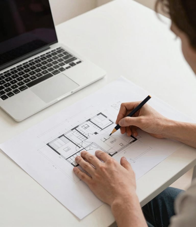 Close-up of hands sketching architectural plans with an orange pencil.