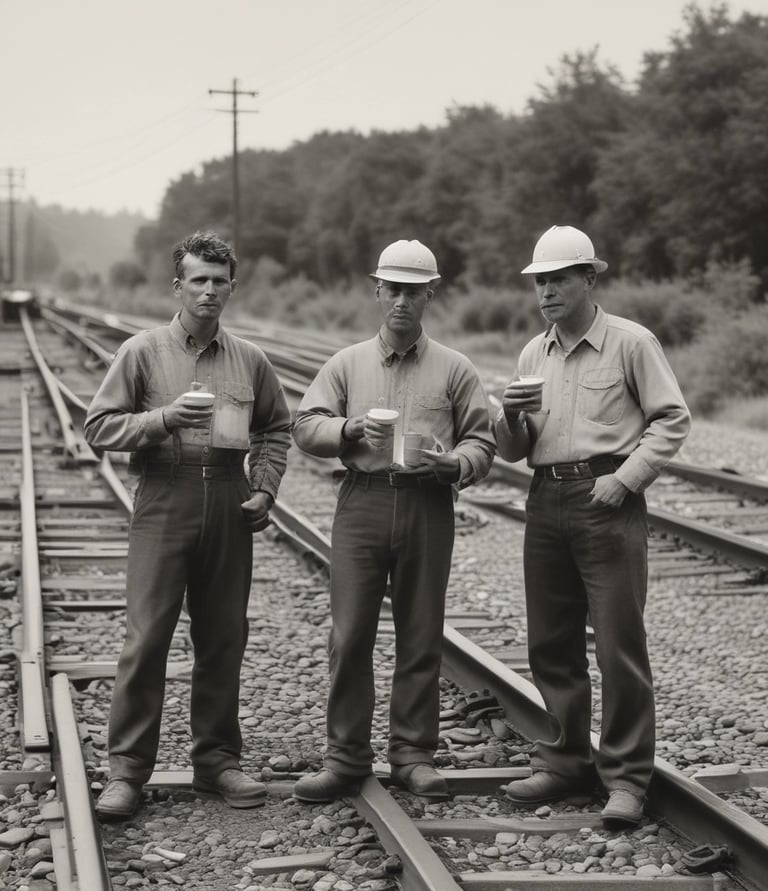 A group of Chicago Transit Authority engineers sharing coffee and laughing together in a break room.