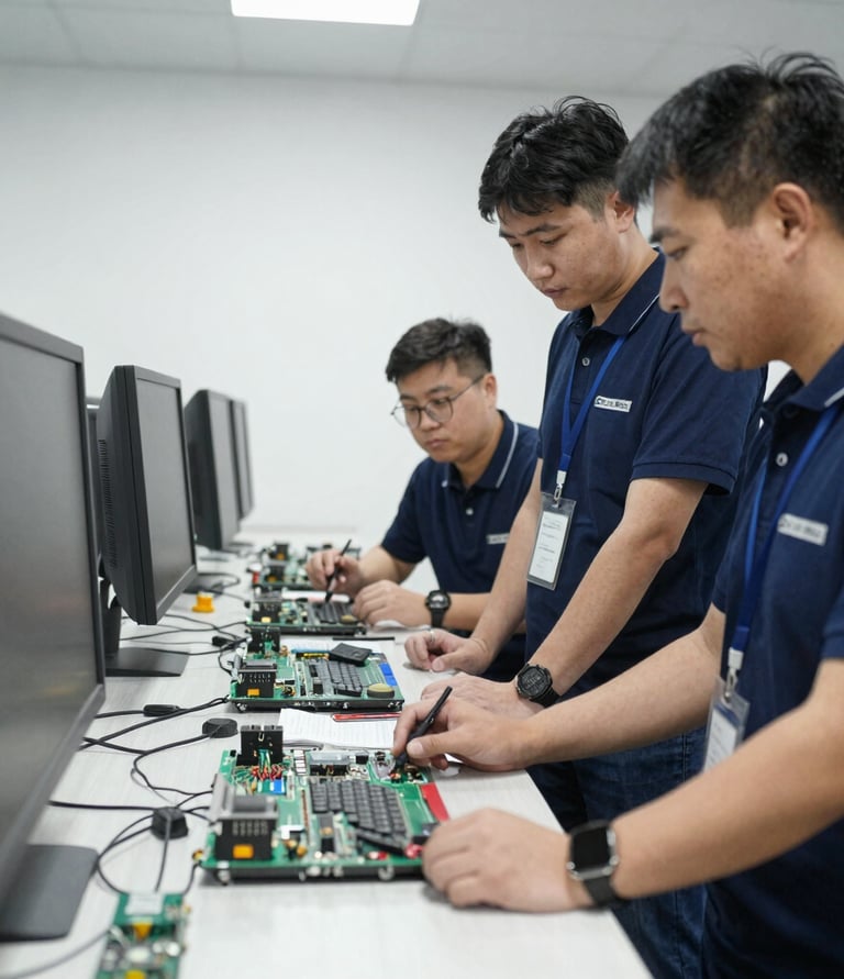 A friendly technician assisting a small business owner with computer setup in a cozy office.