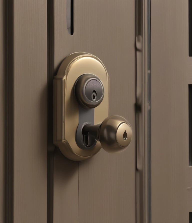 Close-up of a secure lock on a business door, symbolizing safety and trust.