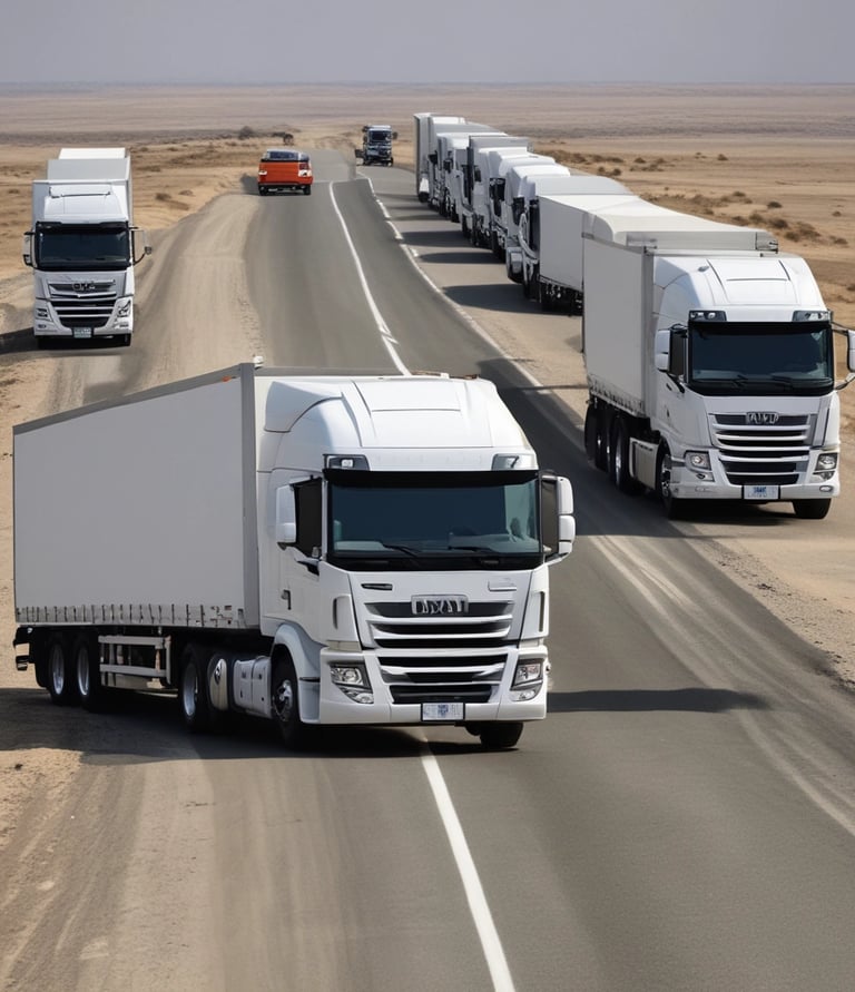 A convoy of trucks driving along a scenic highway stretching through Southern Africa’s landscape.