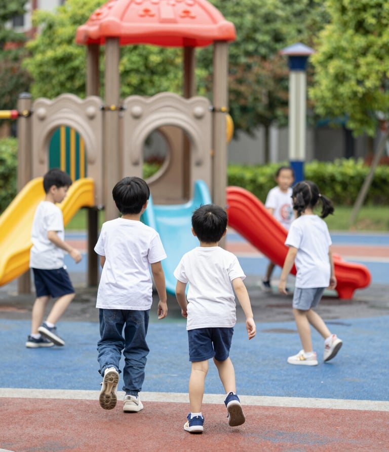 Smiling children of diverse backgrounds playing together outdoors in a sunny park.