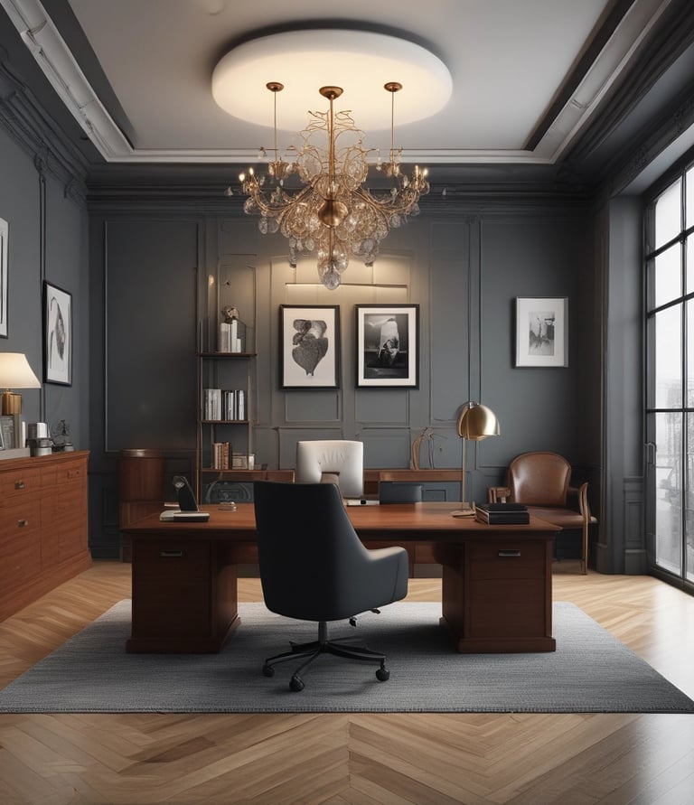 Elegant black and gold office interior with law books and a sophisticated desk setup.