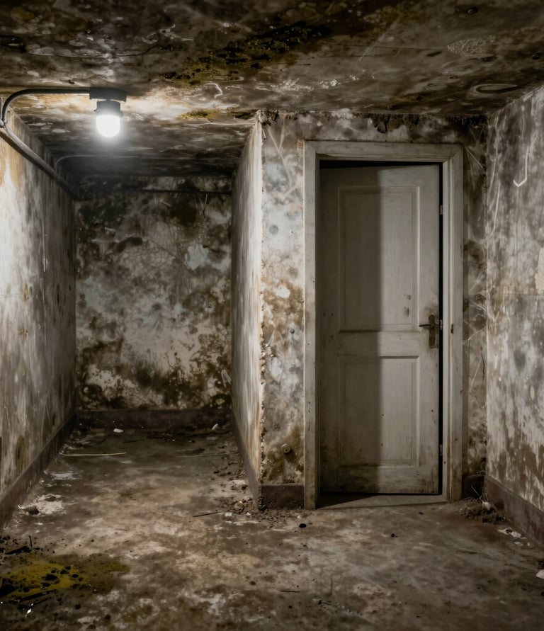 Before-and-after contrast image showing a water-damaged room restored to fresh, clean condition.