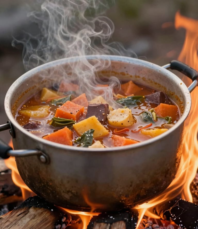 A close-up of fresh ingredients laid out on a wooden board beside a flickering campfire.