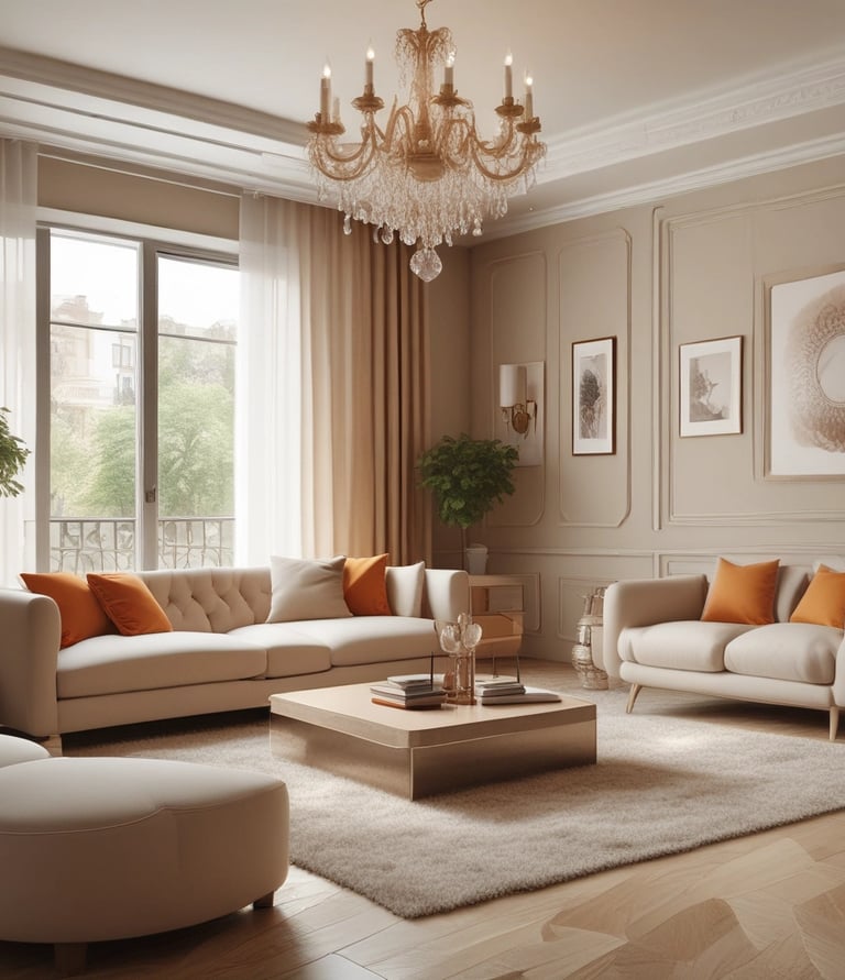 A cozy living room with warm wood accents, soft lighting, and neatly arranged decor that invites relaxation.
