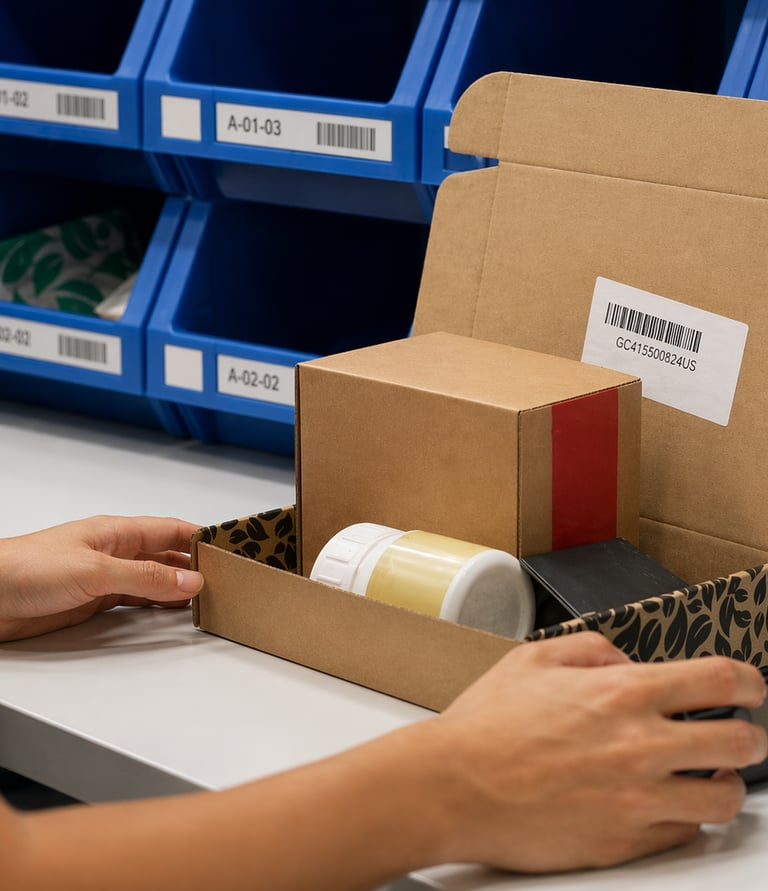 Proceso de fulfillment con empaquetado y organización de productos para logística de envíos