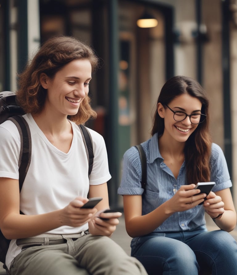 Smiling person interacting with a virtual AI assistant on a tablet screen.
